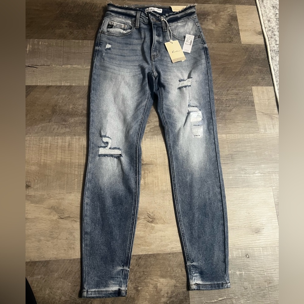 KanCan Women's Distressed Blue Straight Leg Jeans